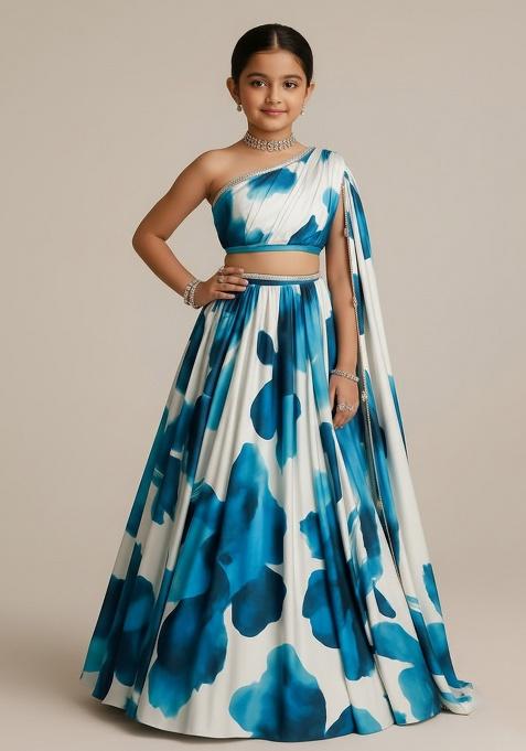 White Georgette Embroidered Lehenga Set For Girls