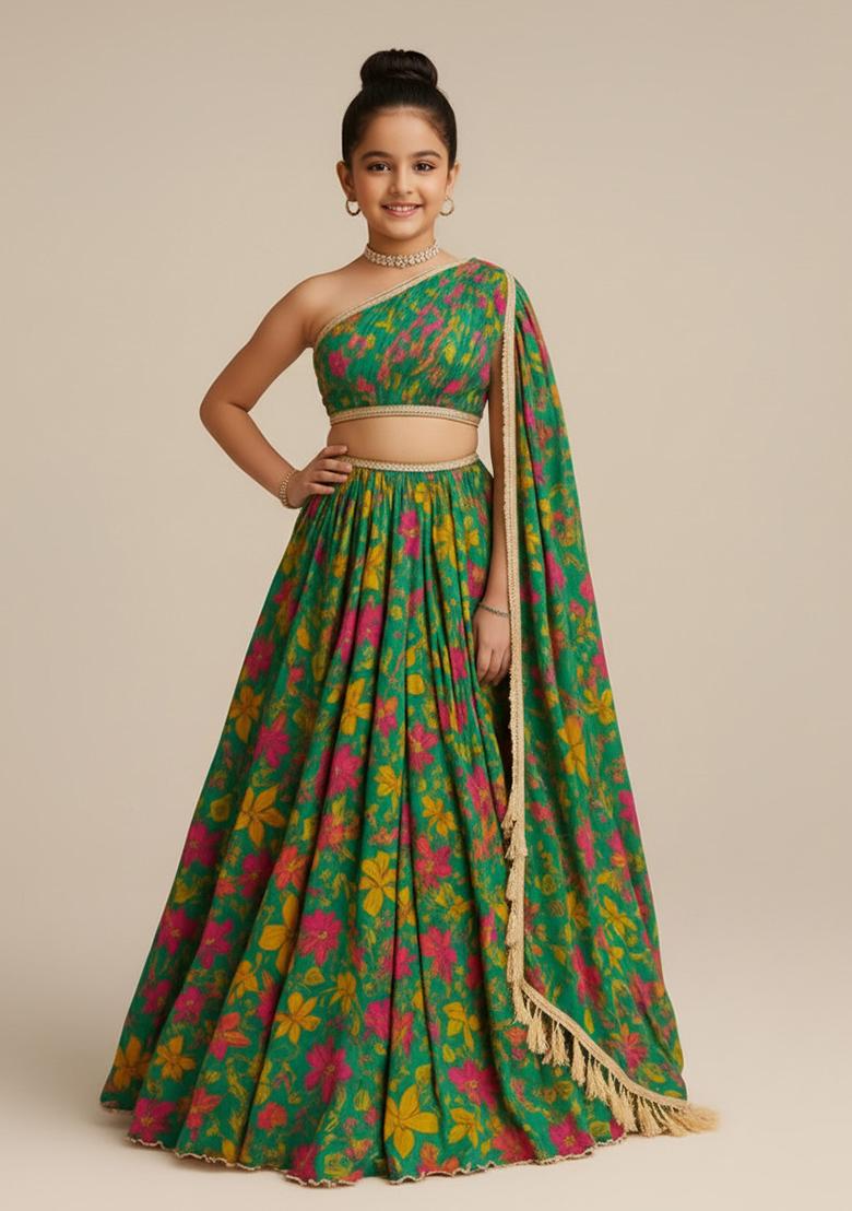 Green Georgette Floral Print Lehenga Set For Girls