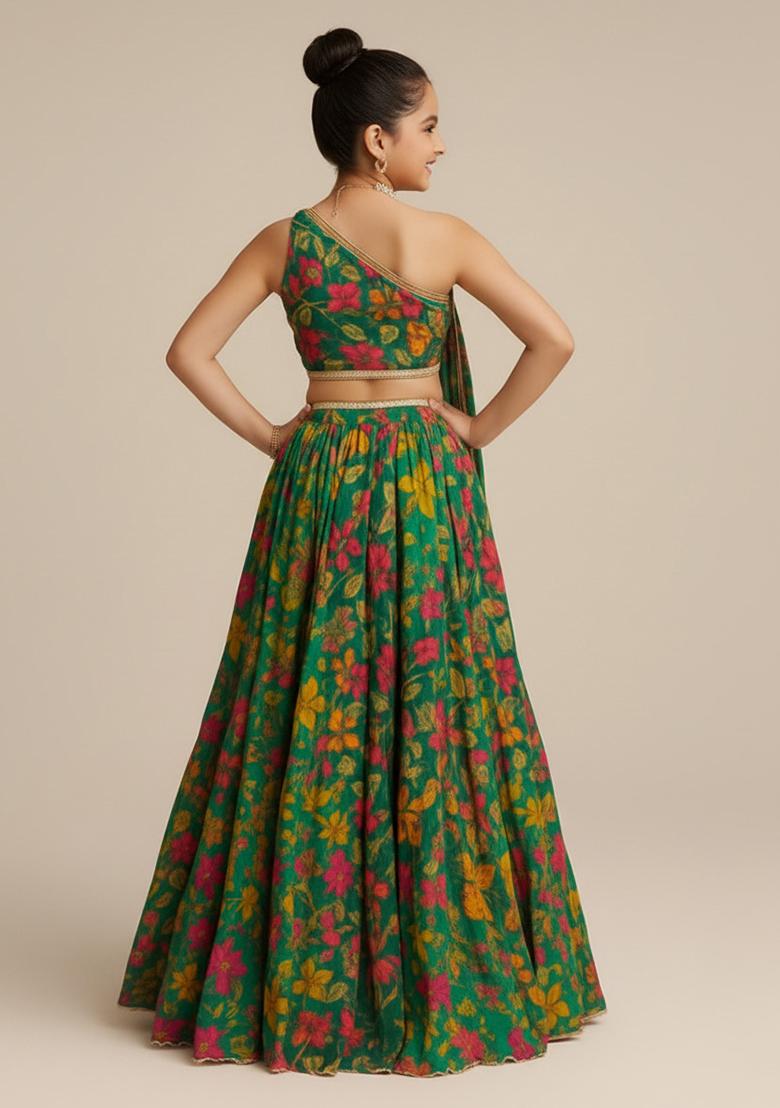 Green Georgette Floral Print Lehenga Set For Girls