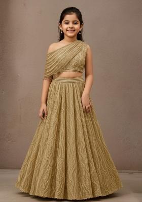 Golden Net Zari Work Lehenga Set For Girls