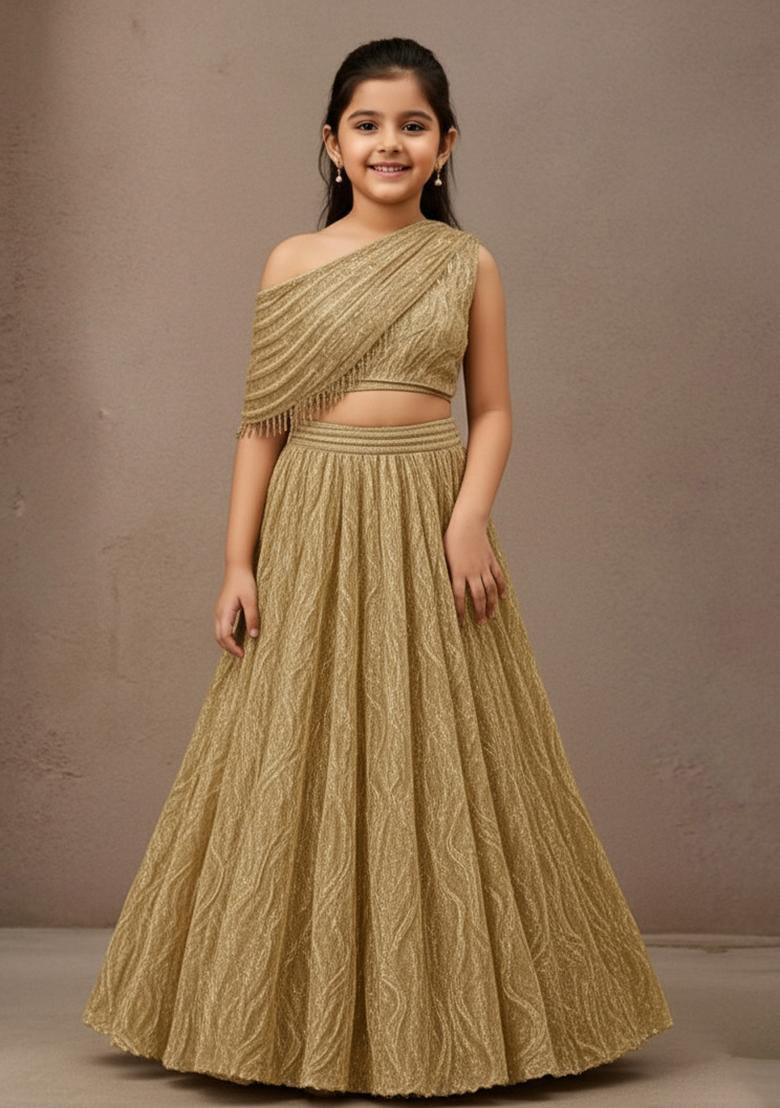 Golden Net Zari Work Lehenga Set For Girls