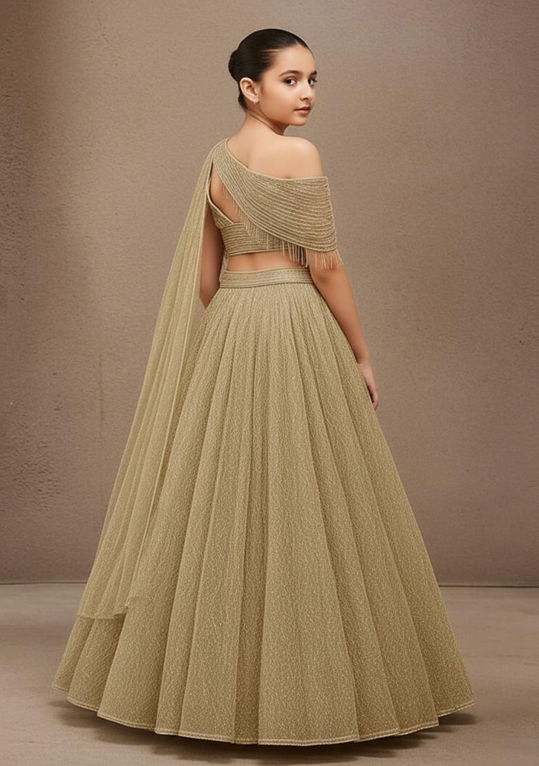 Golden Net Zari Work Lehenga Set For Girls
