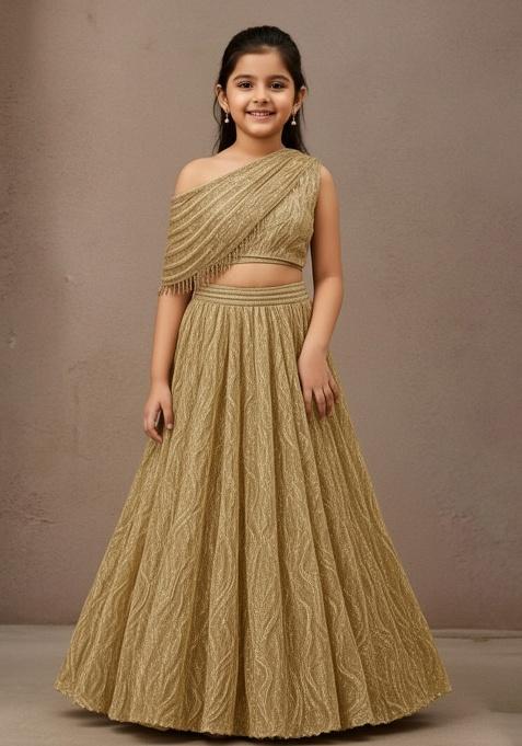 Golden Net Zari Work Lehenga Set For Girls