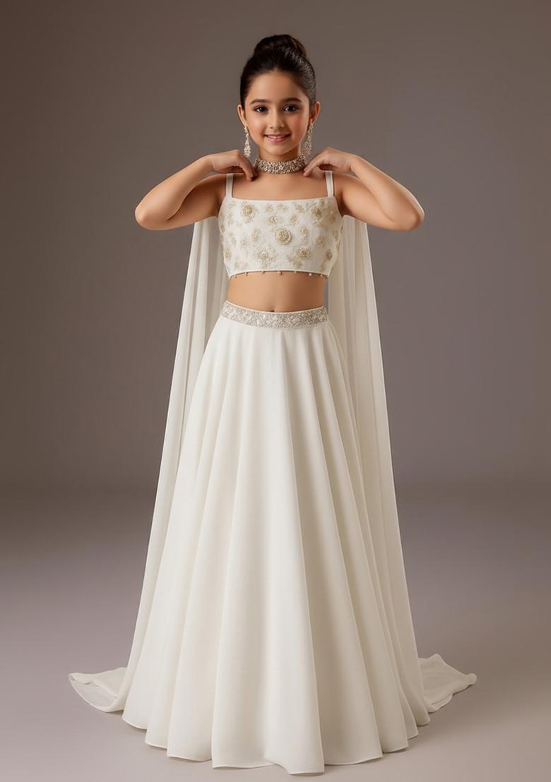 White Georgette Embroidered Lehenga Set For Girls