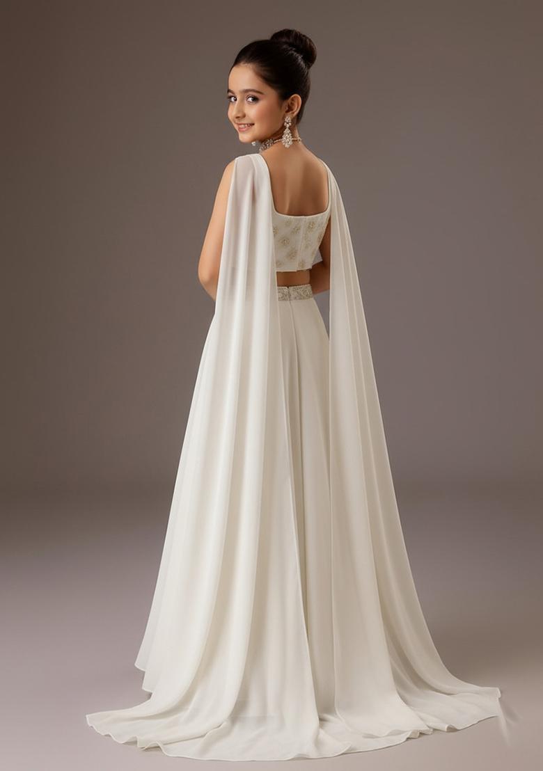 White Georgette Embroidered Lehenga Set For Girls