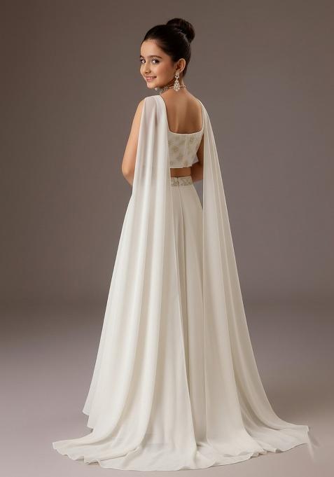 White Georgette Embroidered Lehenga Set For Girls