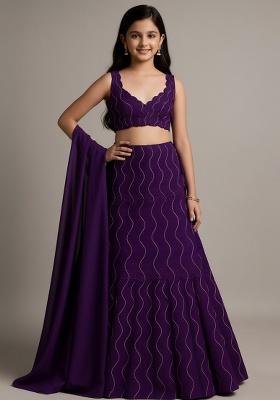 Purple Organza Embellished Lehenga Set For Girls