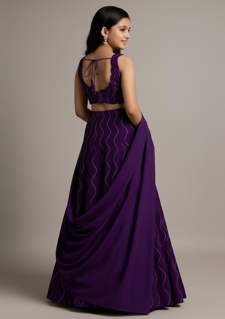 Purple Organza Embellished Lehenga Set For Girls - Indya