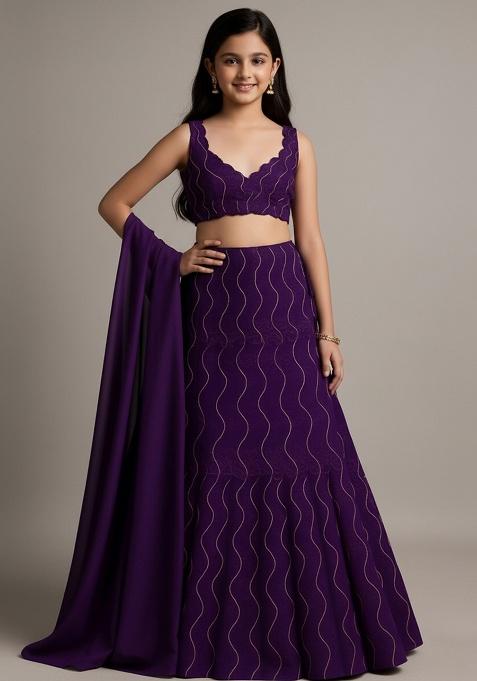 Purple Organza Embellished Lehenga Set For Girls