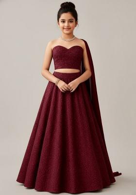 Wine Red Net Embroidered Lehenga Set For Girls