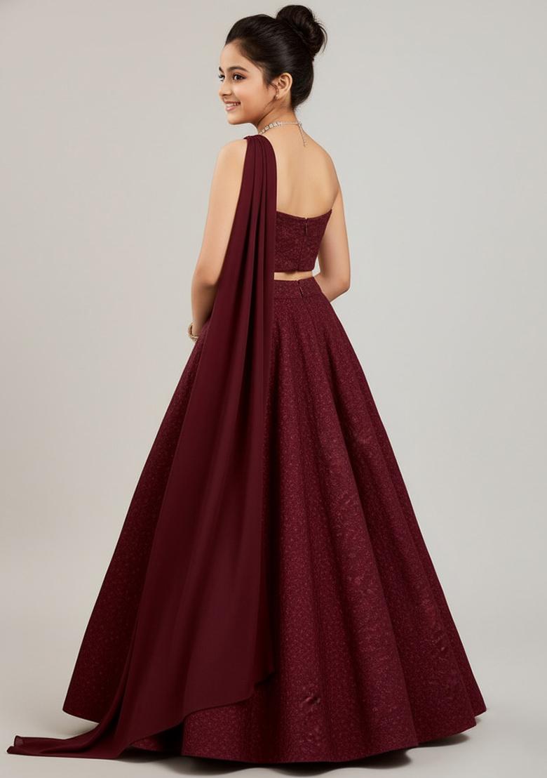 Wine Red Net Embroidered Lehenga Set For Girls - Indya
