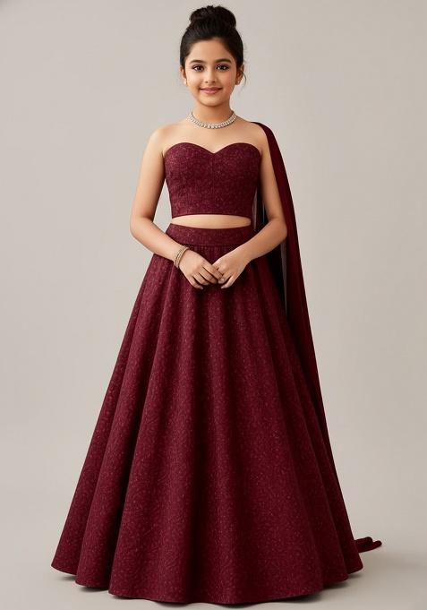 Wine Red Net Embroidered Lehenga Set For Girls
