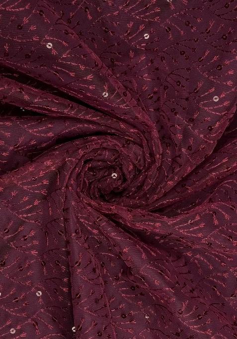 Wine Red Net Embroidered Lehenga Set For Girls