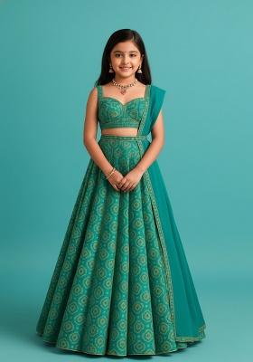 Sea Green Brocade Lehenga Set For Girls
