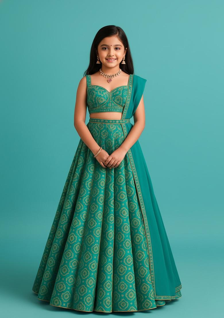 Sea Green Brocade Lehenga Set For Girls