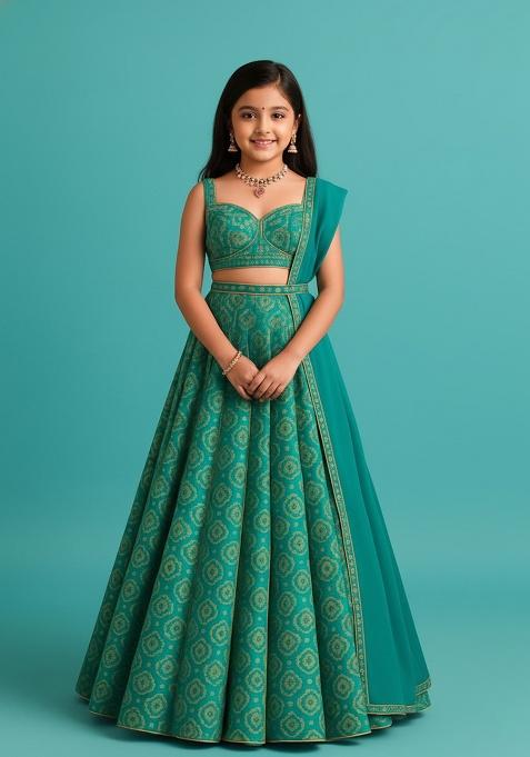 Sea Green Brocade Lehenga Set For Girls