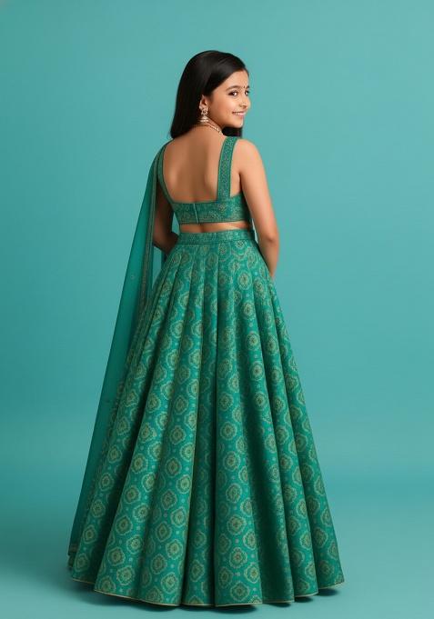 Sea Green Brocade Lehenga Set For Girls