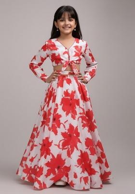 Red Crepe Floral Print Lehenga Set For Girls