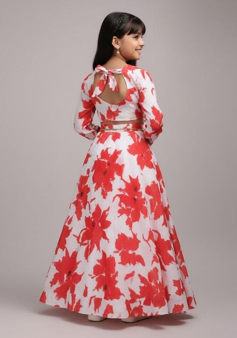 Red Crepe Floral Print Lehenga Set For Girls