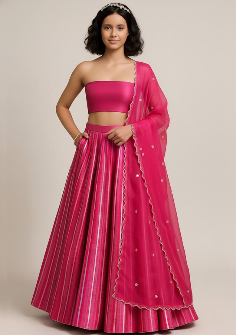 Hot Pink Net Embellished Lehenga Set For Girls