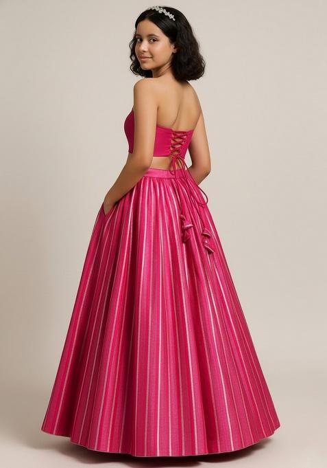 Hot Pink Net Embellished Lehenga Set For Girls