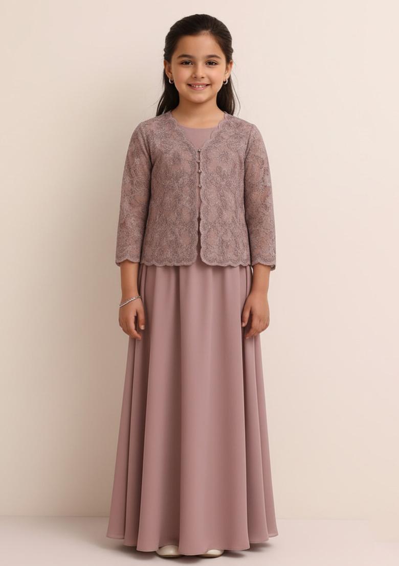 Mauve Georgette Embroidered Lehenga Set For Girls