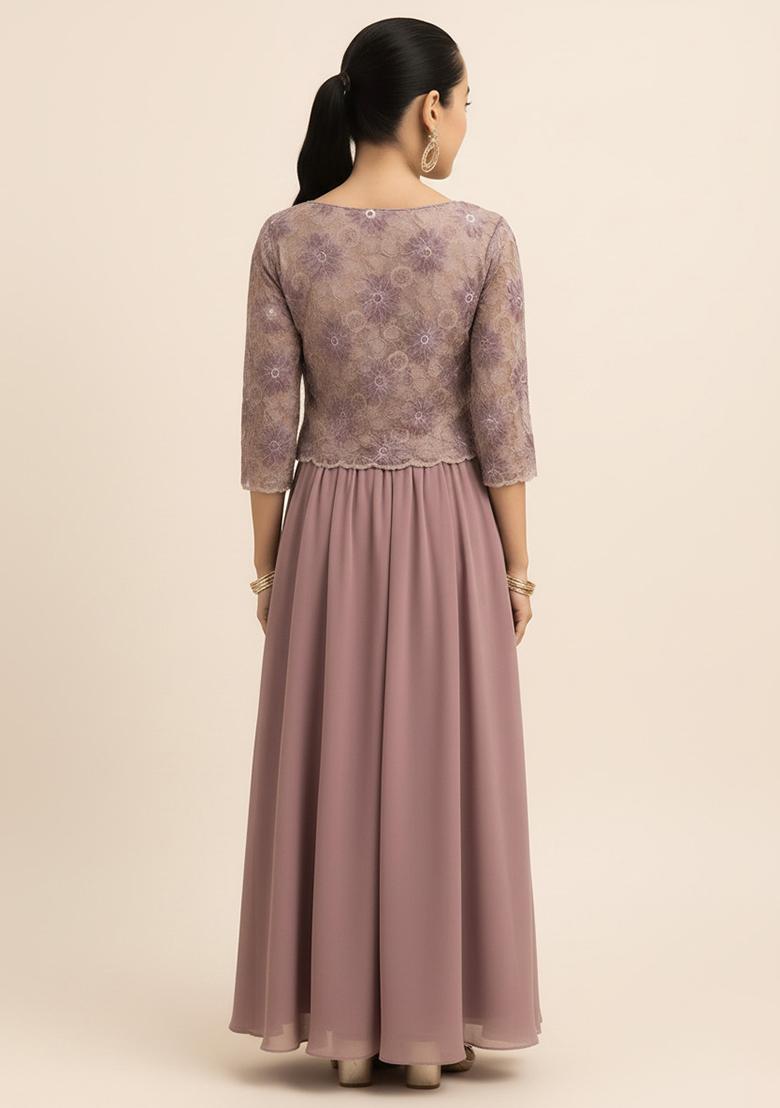 Mauve Georgette Embroidered Lehenga Set For Girls - Indya