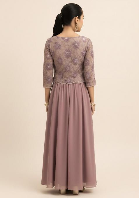 Mauve Georgette Embroidered Lehenga Set For Girls