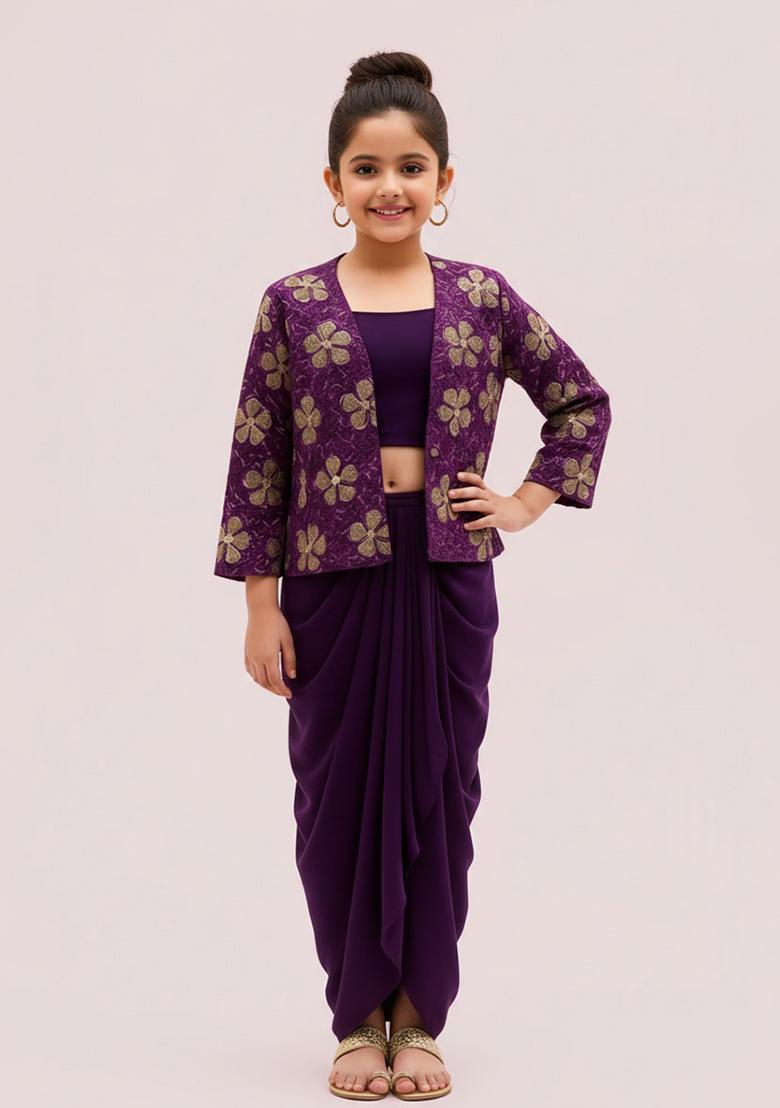 Purple Georgette Embroidered Lehenga Set For Girls