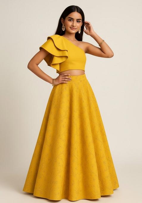 Yellow Raw Silk Embroidered Lehenga Set For Girls