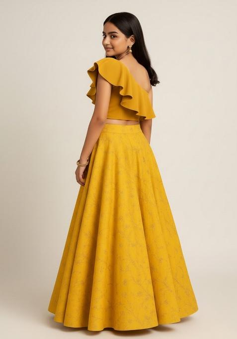 Yellow Raw Silk Embroidered Lehenga Set For Girls