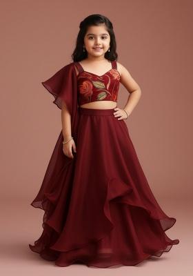 Maroon Georgette Floral Print Lehenga Set For Girls