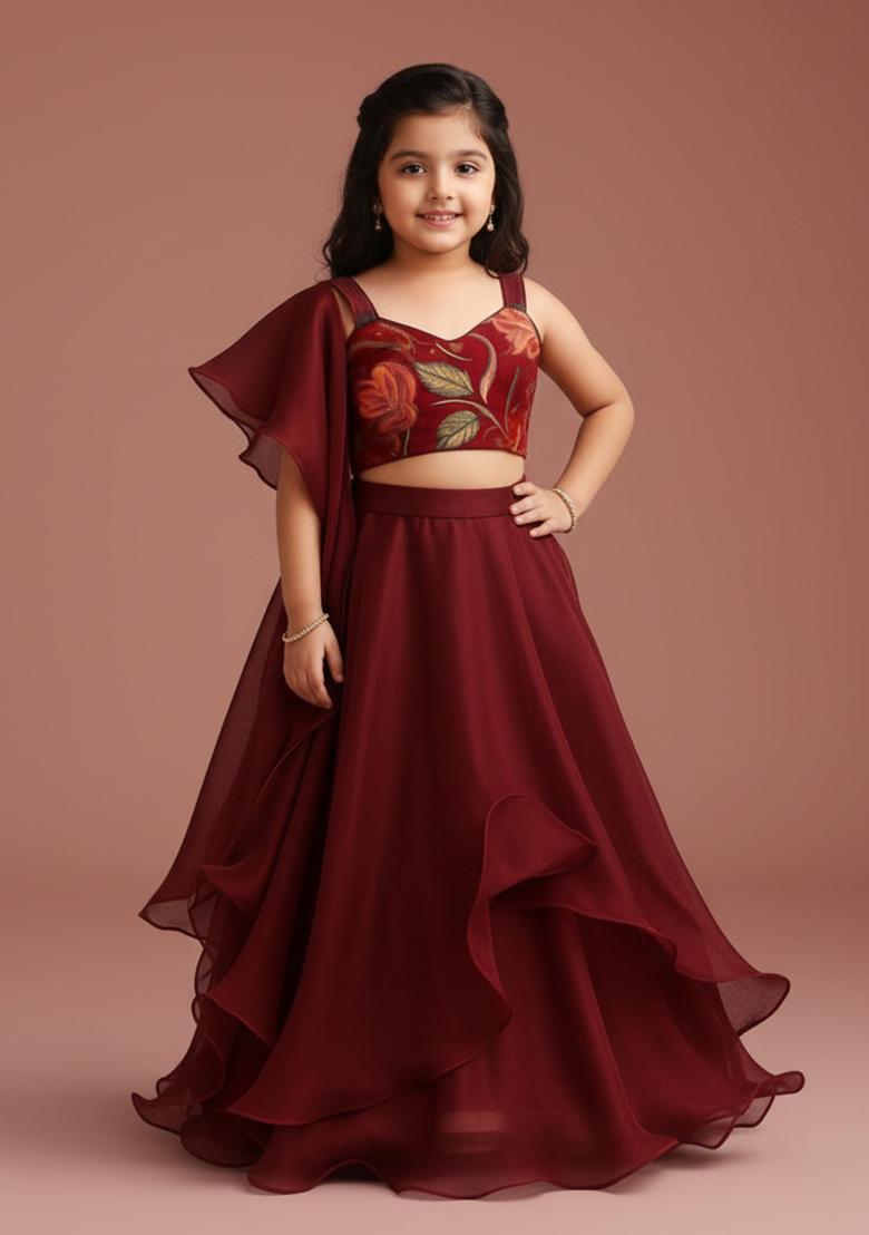 Maroon Georgette Floral Print Lehenga Set For Girls