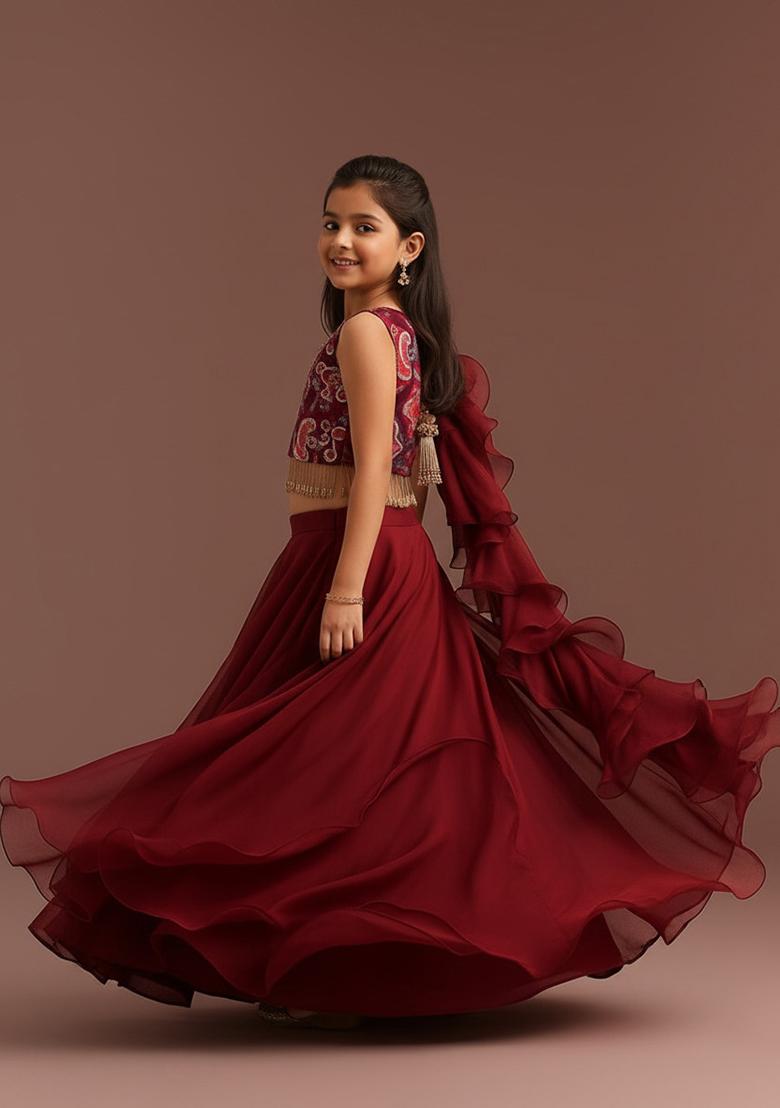 Maroon Georgette Floral Print Lehenga Set For Girls