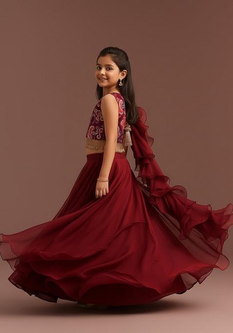 Maroon Georgette Floral Print Lehenga Set For Girls