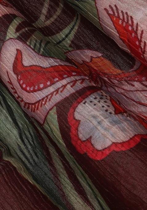 Maroon Georgette Floral Print Lehenga Set For Girls