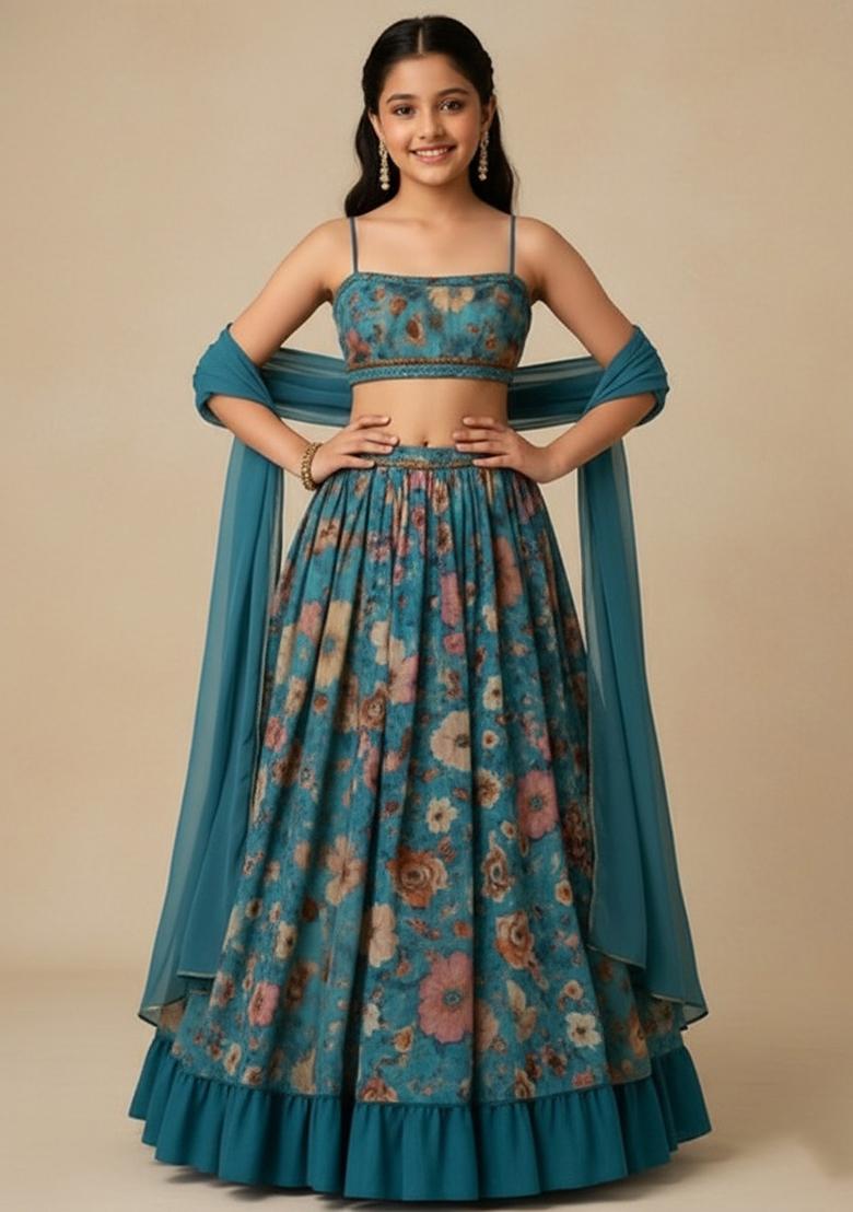 Blue Chinon Floral Print Lehenga Set For Girls