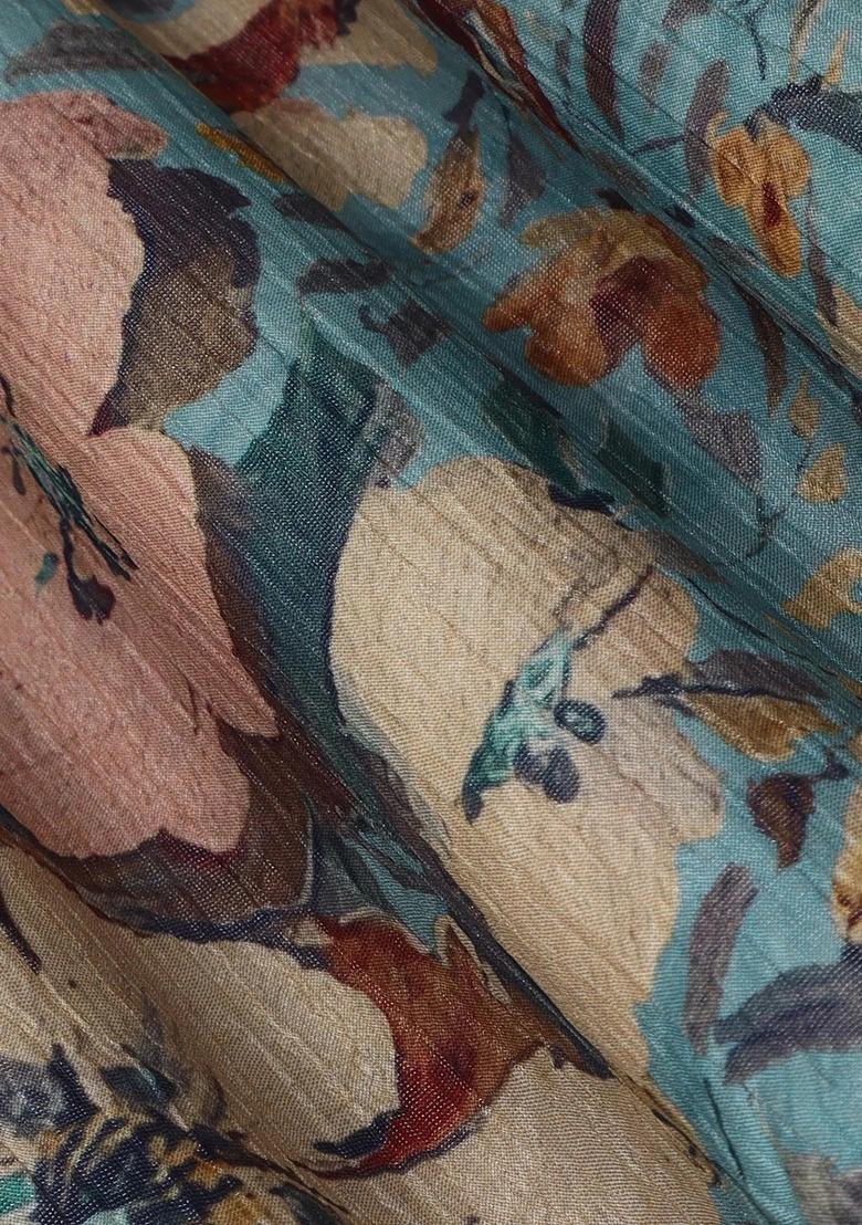 Blue Chinon Floral Print Lehenga Set For Girls