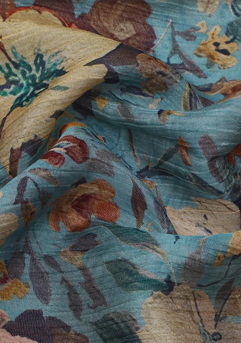 Blue Chinon Floral Print Lehenga Set For Girls - Indya