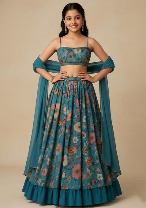 Blue Chinon Floral Print Lehenga Set For Girls