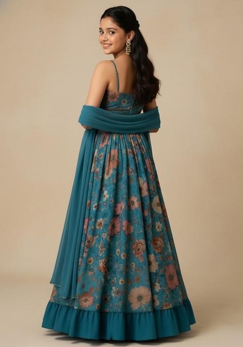 Blue Chinon Floral Print Lehenga Set For Girls