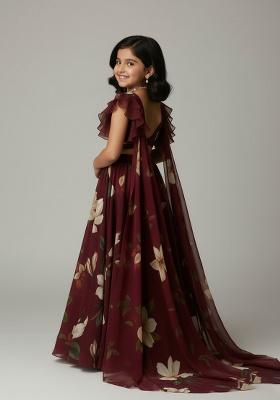 Brown Georgette Floral Print Lehenga Set For Girls