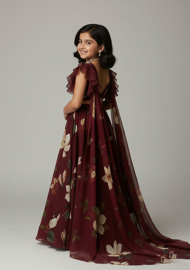 Brown Georgette Floral Print Lehenga Set For Girls