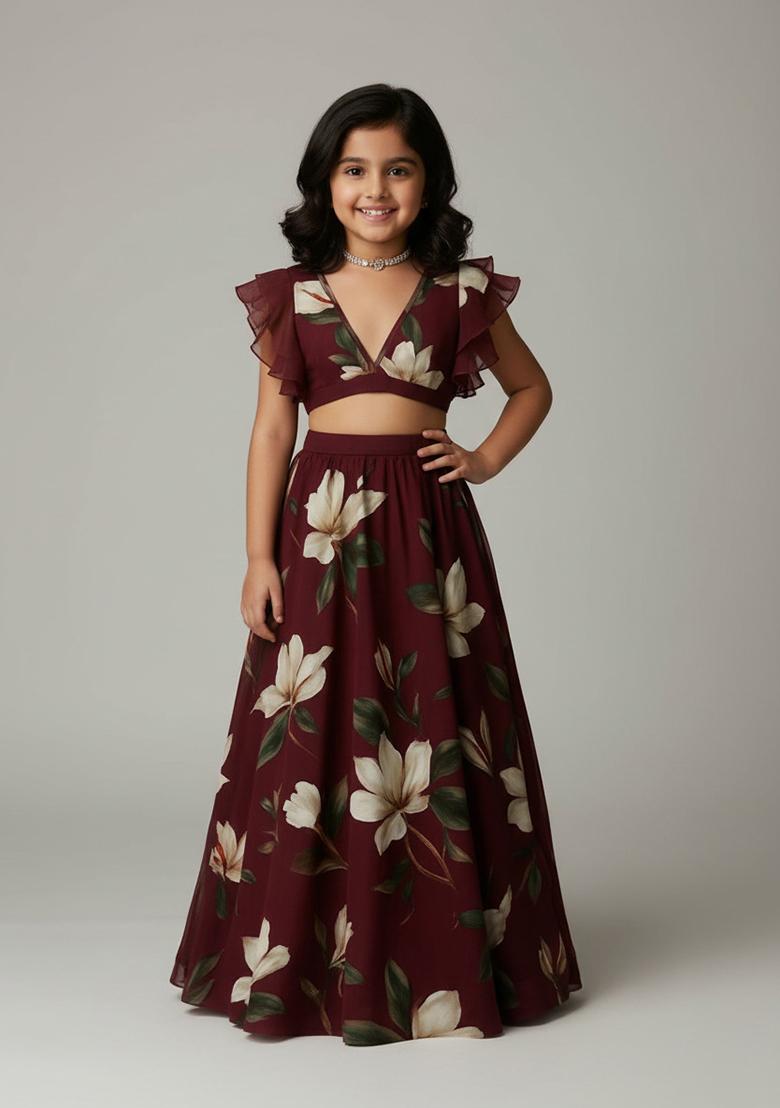 Brown Georgette Floral Print Lehenga Set For Girls