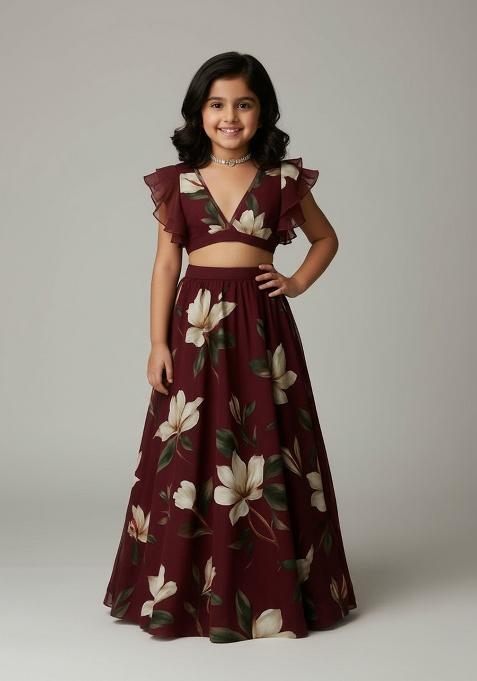 Brown Georgette Floral Print Lehenga Set For Girls