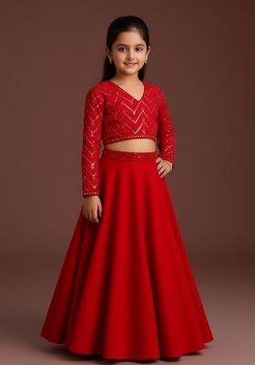 Red Georgette Embroidered Lehenga Set For Girls