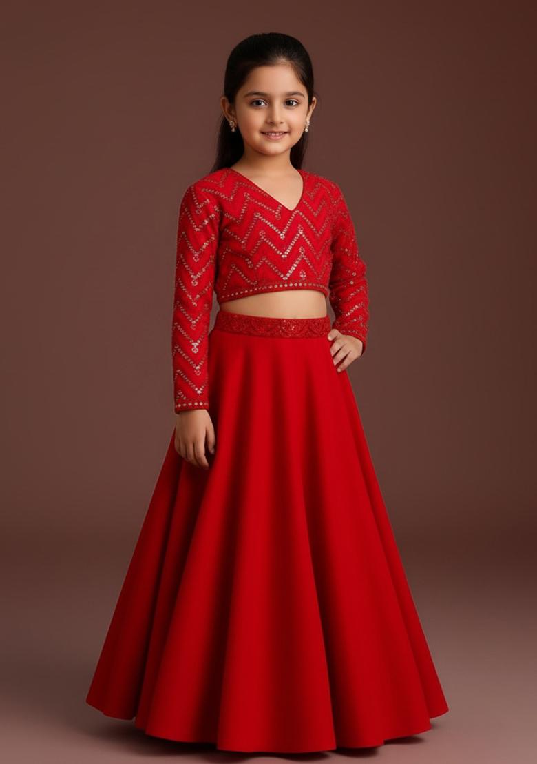Red Georgette Embroidered Lehenga Set For Girls