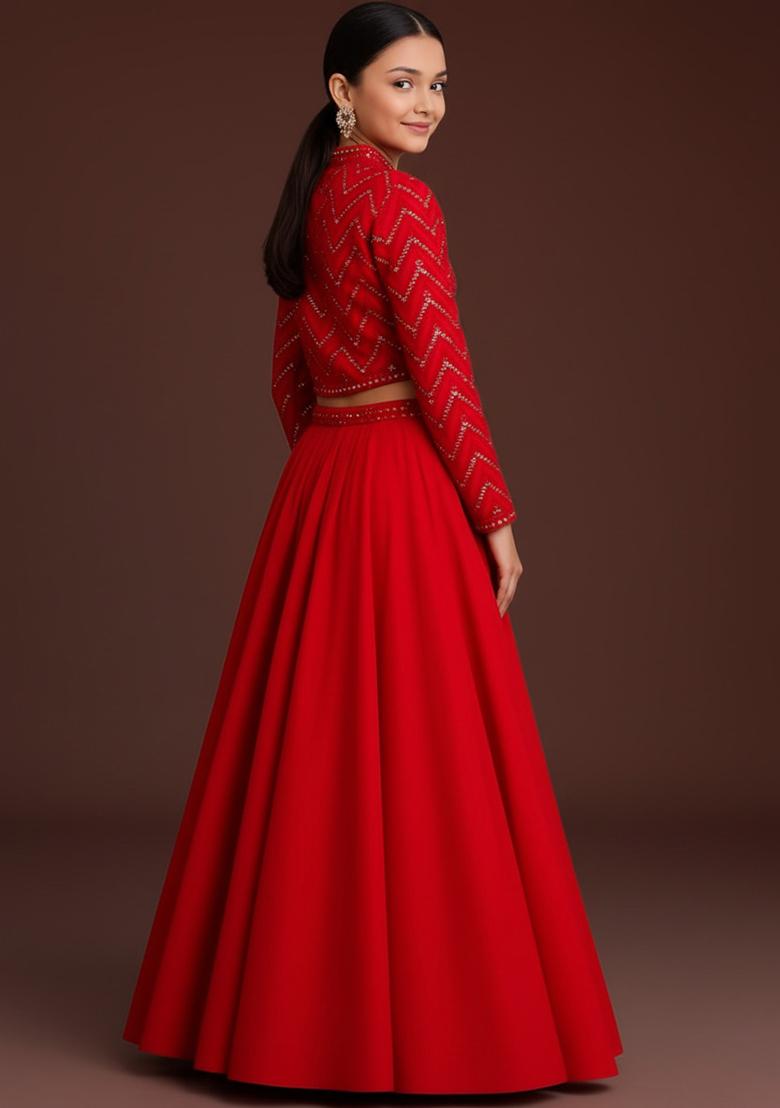Red Georgette Embroidered Lehenga Set For Girls - Indya