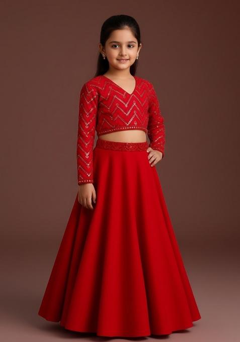 Red Georgette Embroidered Lehenga Set For Girls
