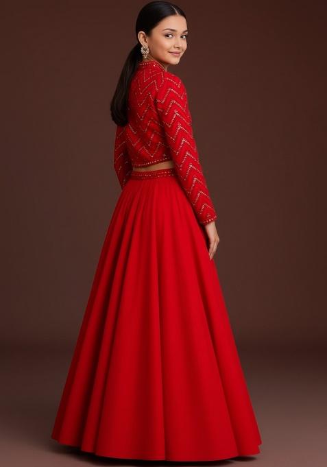 Red Georgette Embroidered Lehenga Set For Girls